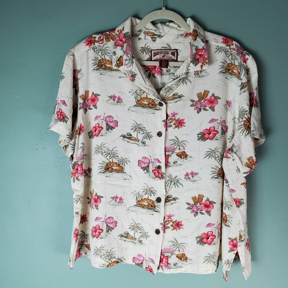 Caribbean Joe Womens Floral Hawaiian Button Up Shirt Top Size 2X
